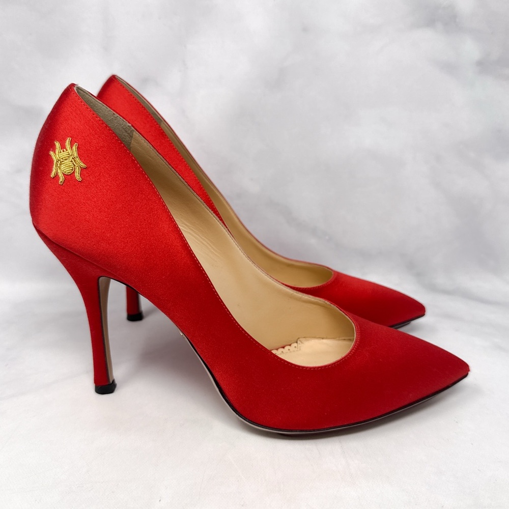 NEW Charlotte Olympia Spider Embroidery Pointed Toe Stiletto Heel Pumps Red 38.5